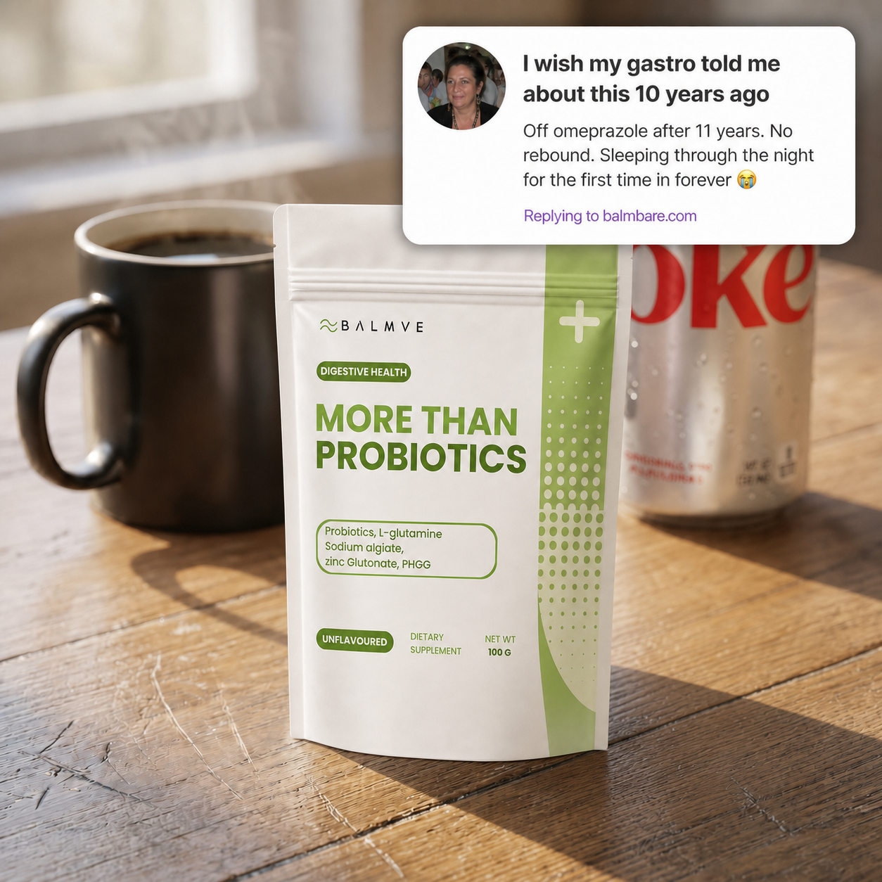 BALMVE More Than Probiotics testimonial coffee scene