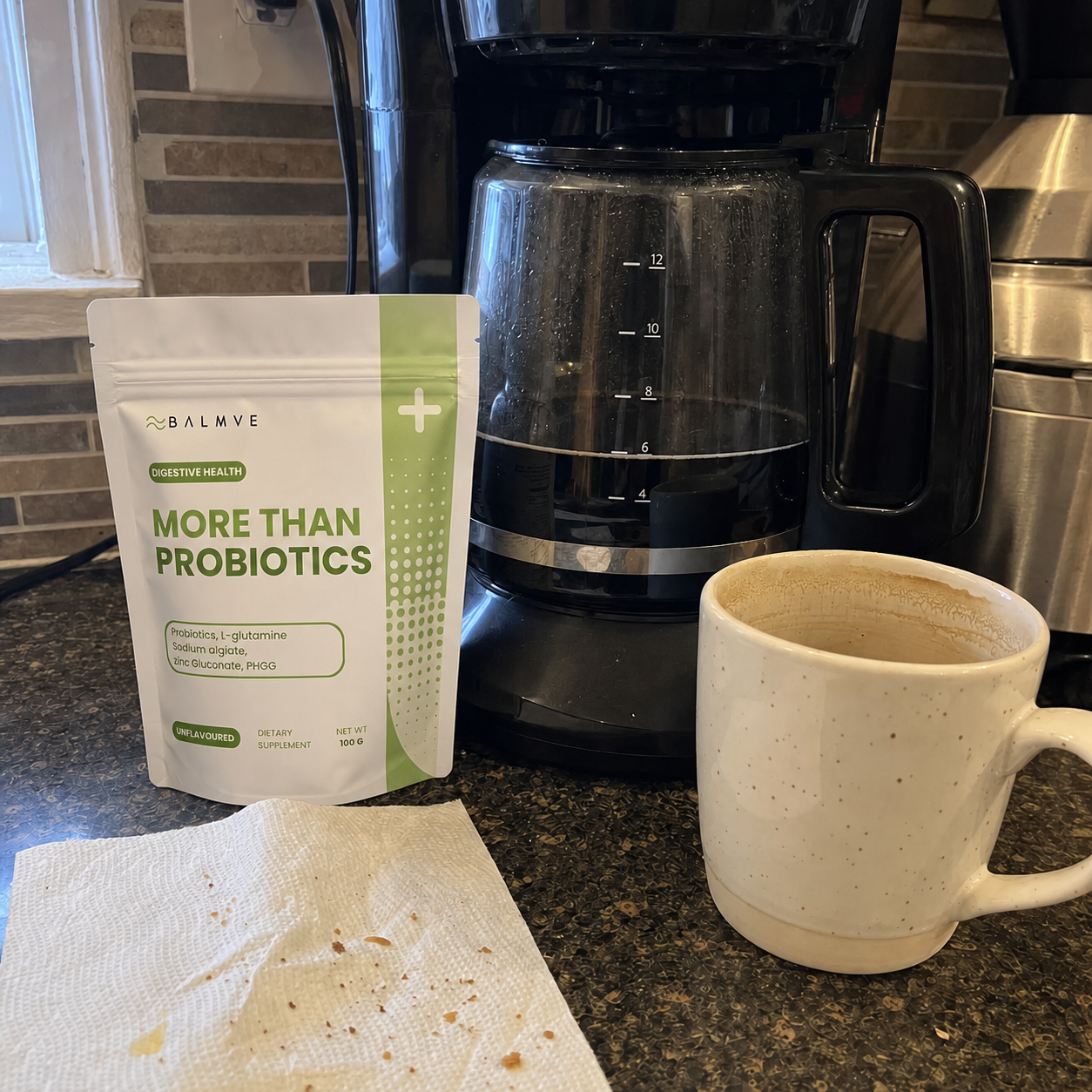 BALMVE More Than Probiotics contextual product image - bloom-probiotics-context-1-coffee.png