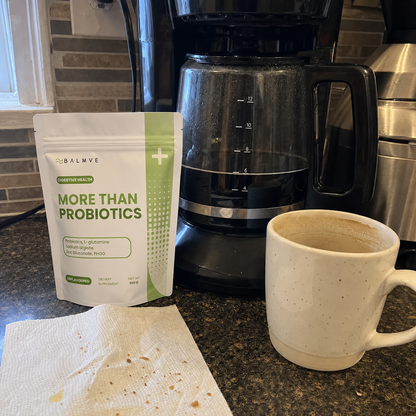 BALMVE More Than Probiotics contextual product image - bloom-probiotics-context-1-coffee.png
