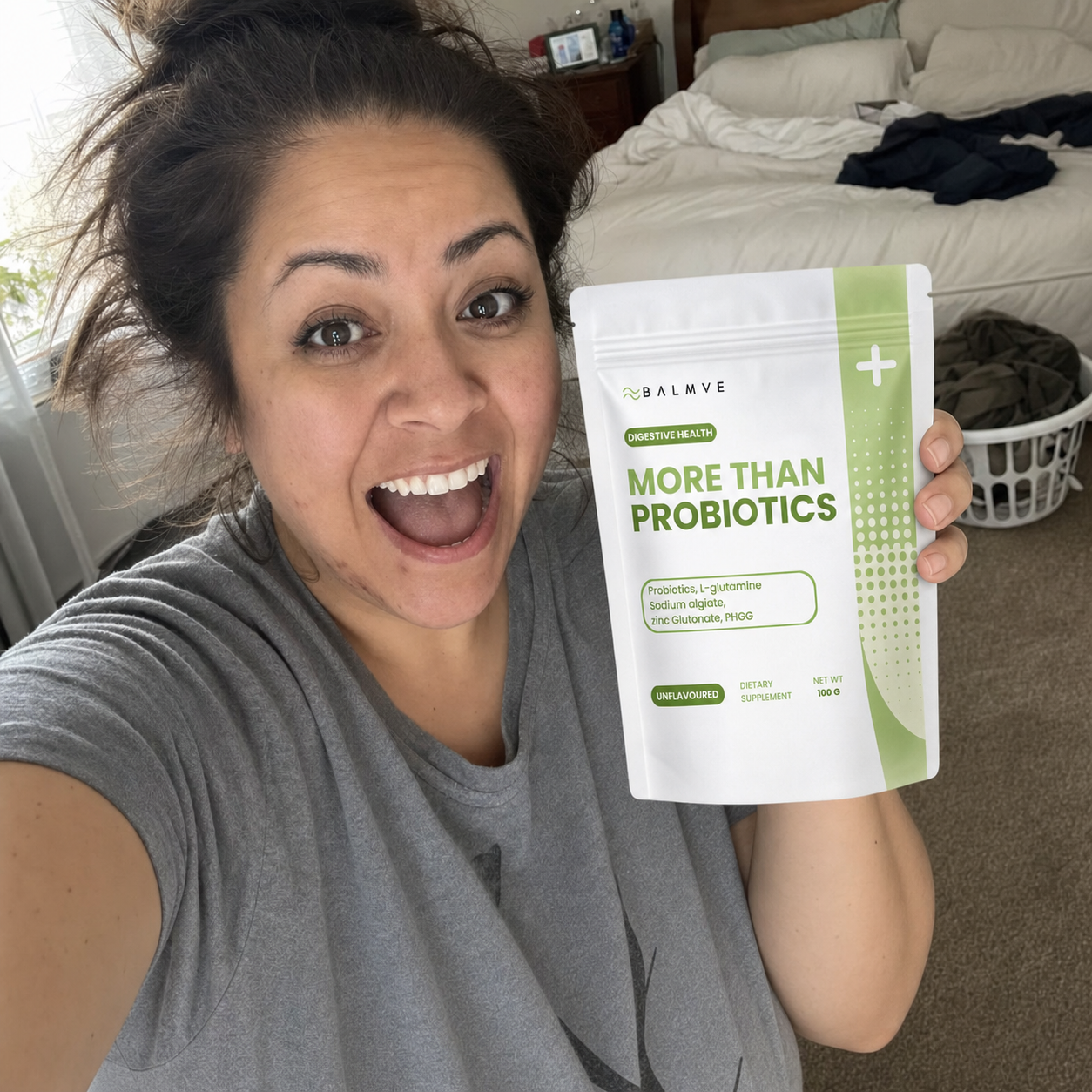 BALMVE More Than Probiotics contextual product image - bloom-probiotics-context-4-selfie.png